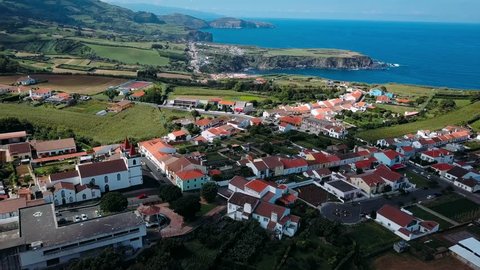 Flying over Maia city on San Miguel island, Azores, Portugal.