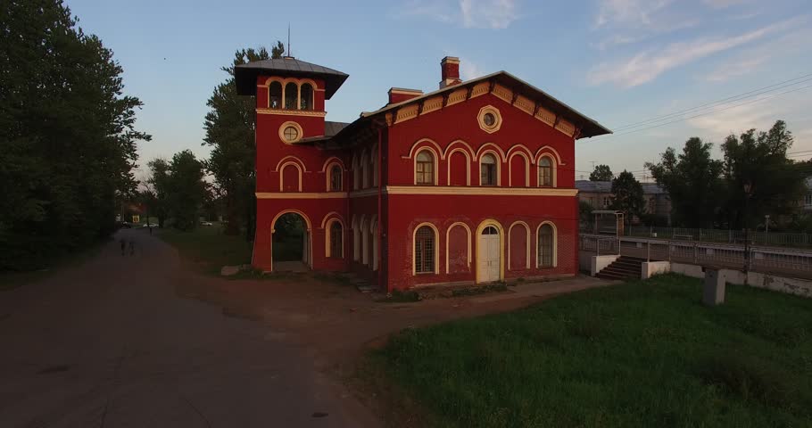 4K afternoon high quality aerial video view of old vintage but still used railway station designed by architect Benua, in the southern Saint Petersburg