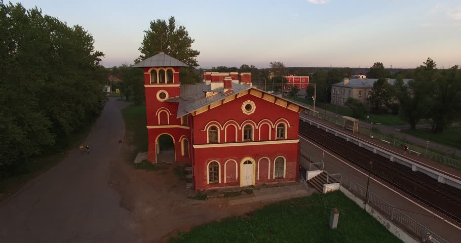 4K afternoon high quality aerial video view of old vintage but still used railway station designed by architect Benua, in the southern Saint Petersburg