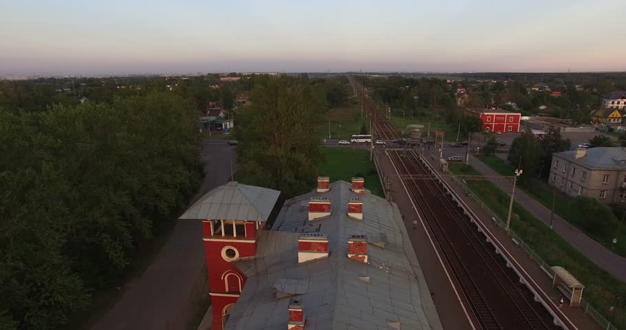 4K afternoon high quality aerial video view of old vintage but still used railway station designed by architect Benua, in the southern Saint Petersburg