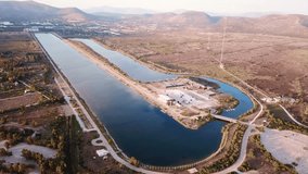Aerial drone video of famous sports rowing and canoeing center in Shoinias, Marathon, Attica, Greece