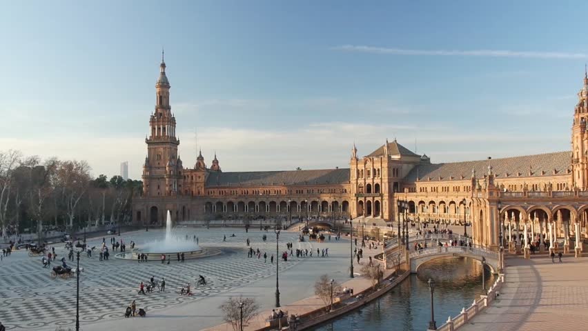 Sunset view of Spain Square (Plaza de Espana), Seville, Spain Royalty-Free Stock Footage #1016723095
