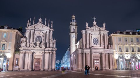 Piazza San Carlo, the aptly named "lounge" of Turin, is a miracle of elegance hyperlpase time lapse video. The churches, Chiesa San Carlo  and Chiesa Santa Cristina at night hyperlapse italy turin.