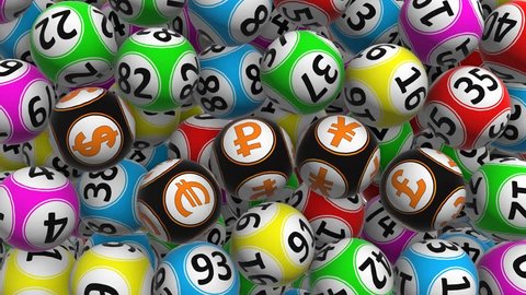 colored bingo balls fly to the camera, filling the screen, and the center receives five balls with symbols of major world currencies