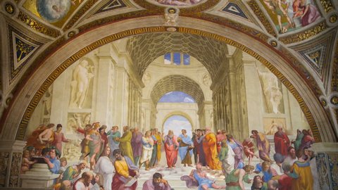 ROME, ITALY - APRIL 8, 2016: The School of Athens, Raphael room's in Museums of Vatican.