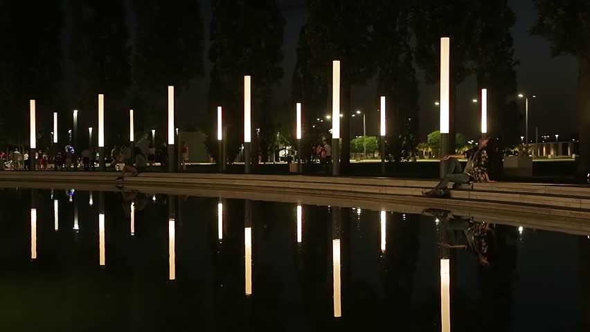 brunette girl in the park by the water in the evening