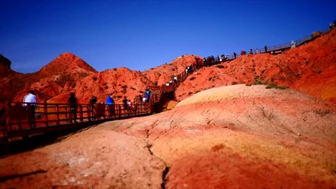 time lapse shot of China multi color mountain landscape at Danxia
