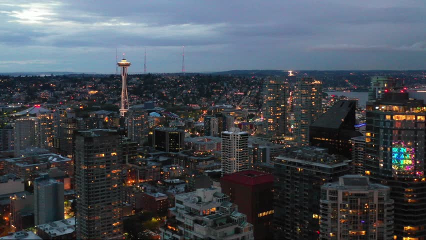Twilight aerial footage Seattle WA