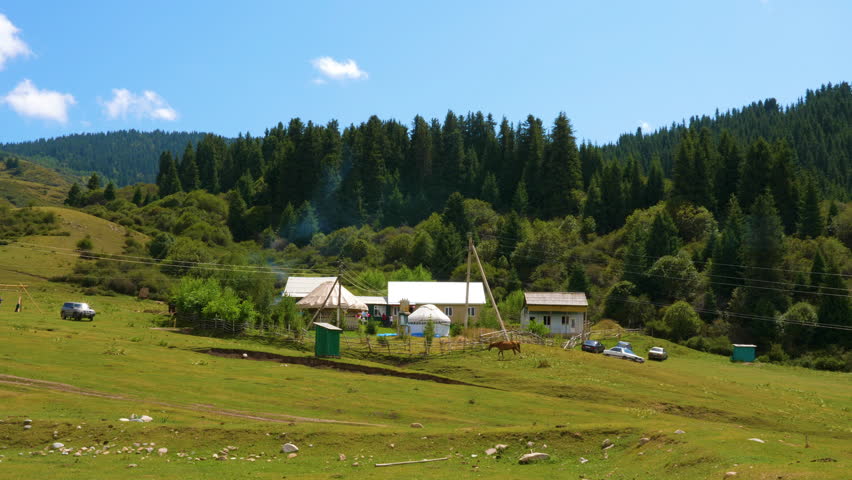 Kyrgyz village with smoke over houses and yurt. Horse walking on green meadow