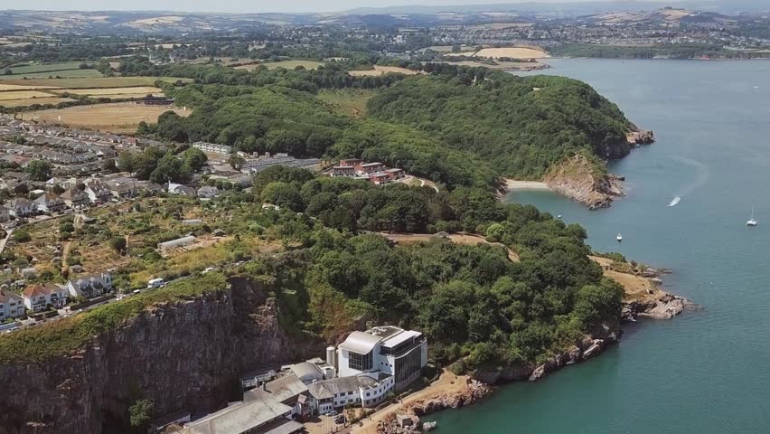 Flying over Tor Bay near Brixham. Devon county, England, UK.