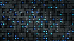 Black cubes and blue glowing symbols. Abstract modern technology or science fiction concept. 3D render loop smooth animation 4k UHD (3840x2160) - Powered by Shutterstock - Get 15% off with code: PIKWIZARD15