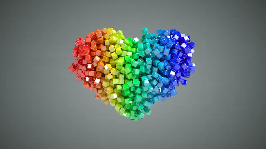Rainbow heart shape of small pieces falls and getting scattered. Abstract romantic concept. 3D render animation 4k UHD 3840x2160