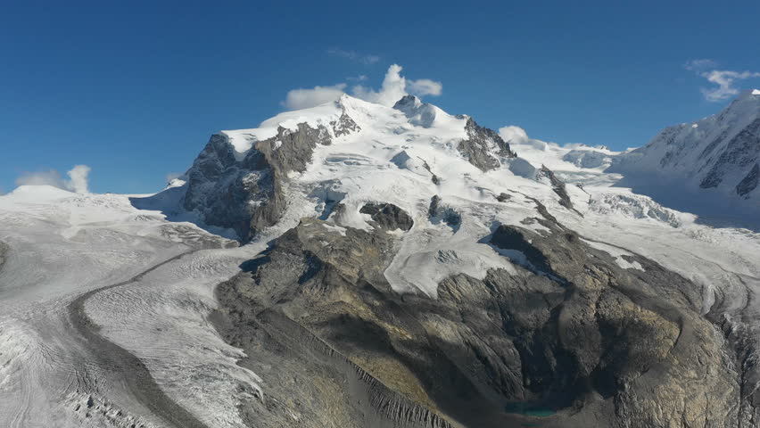 Aerial view of the melting Gorner Glacier in the Monte Rosa Alps in Zermatt, Switzerland