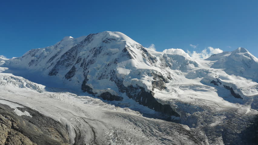 Aerial view of the melting Gorner Glacier in the Monte Rosa Alps in Zermatt, Switzerland