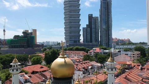 singapore, singapore / Singapore - 05 31 2018: Drone fly over mosque in Singapore