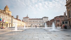 Piazza Castello, Turin Italy Time lapse Hyperlapse video at day. View of Royal Church of San Lorenzof and Cancellata di Palazzo Reale, turin most popular square. Bookshop Palazzo Madama