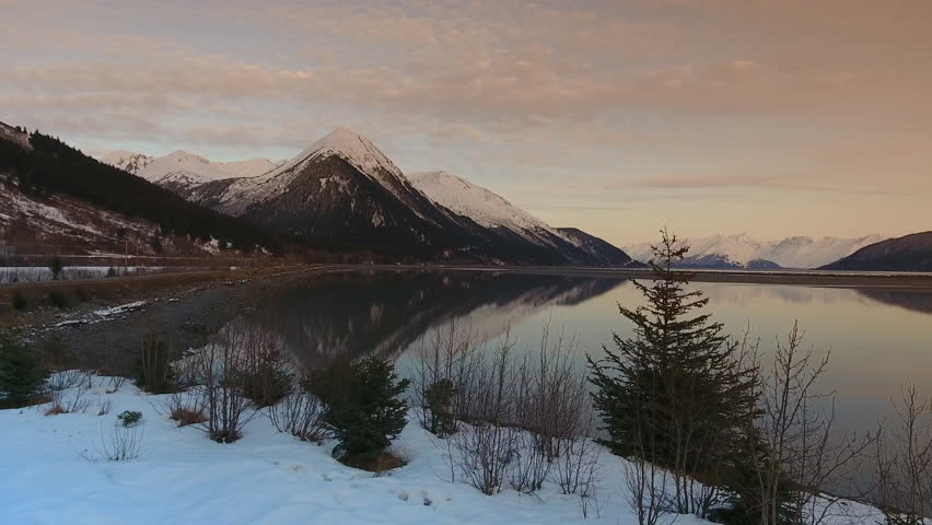 Aerial view of Anchorage . Alaska . in the winter time. Snow and frozen lake.
