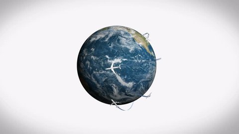 Digitally generated of airplane flying around earth on white background 4k