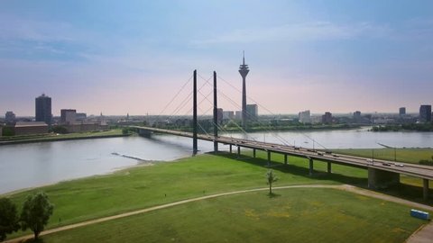 Duesseldorf Skyline - Aerial Flight over Rhine, Bridge and Media Harbour