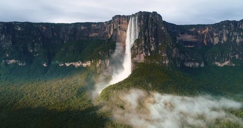 Landscape in the Angel Falls, drone flies over the tallest waterfall in the world, 8th natural wonder of the world, located in the Canaima National Park in Venezuela. Footage in 4k resolution