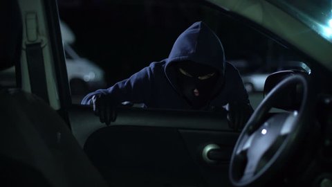 Robber stealing laptop from open car at night, security system, carelessness