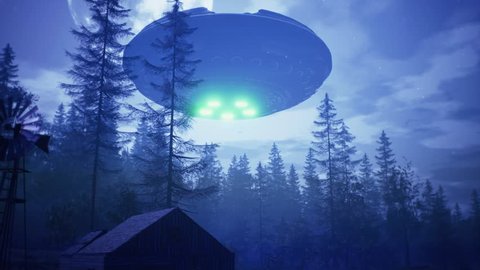 UFO flies over the forest and scans the house
