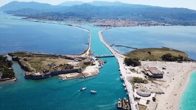 Aerial drone video of famous landmark medieval Venetian Castle of Agia Mavra or Santa Mavra, Lefkada island, Ionian, Greece
