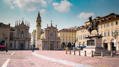 Italy, Piemonte, Turin, Piazza San Carlo, equestrian statue of Duke Emanuele Filiberto of Savoy Hyperlapse Timelapse video Turin most popular square. Chiesa di Santa Cristina e Carlo church.