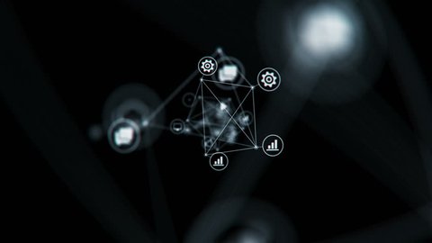 Connected Network Icons Symbols Flying in Abstract Space Changing. Lines and Dots. Beautiful Looped 3d Animation with DOF Blur. Digital Technology and Information Concept. 4k Ultra HD 3840x2160.