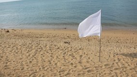Video white flag fluttering in the wind against the background of the beach and the sea