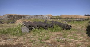 4K summer morning video of Helsinki Baltic Sea Finnish Bay lagoon area, old forts skyline, Suomenlinna Island with fortifications and cannons near the capital of Finland Suomi, northern Europe