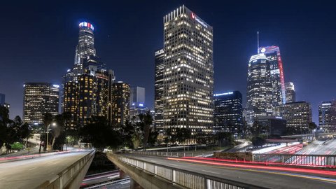 Los Angeles, California, USA - September 11th 2018 - Downtown Los Angeles Buildings Lit Up for September 11th Tribute Night Timelapse