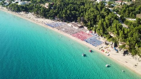 Aerial drone video of iconic beach of Makri Gialos in island of Cefalonia, Lassi, Ionian islands, Greece