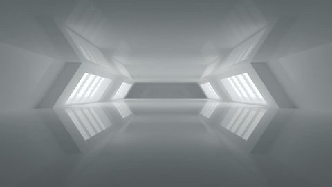Futuristic Bright White Big Sci-FI Corridor Room With Reflections And Big White Glowing Windows And Empty Space Forward Moving Camera 3D Rendering