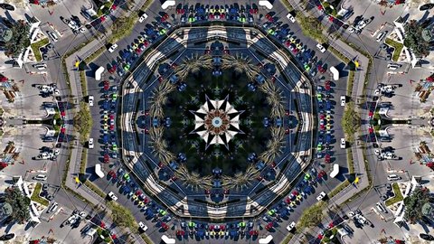Kaleidoscope /x8 mirrors/  of city traffic aerial view, drone camera top down. Perfect for music background