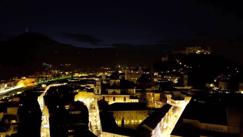 Time Lapse: Sunrise over historic city center of Salzburg in Austria