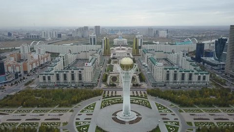 Astana, Kazakhstan - 6 June, 2018: Drone view on bayterek and buildings in downtown of capital city Astana in Kazakhstan
