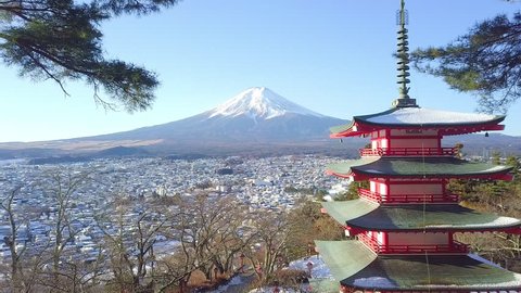 Temple of the Red Chedi or Chureito red Pagoda in beautiful winter and Mt. Fuji in Fujiyoshida, Japan