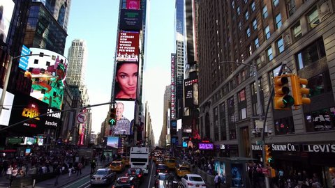 NEW YORK CITY, USA - SEPT 10, 2018:  Aerial drone low angle shot of billboard ads in Times Square in Manhattan New York City NYC. NYC is a popular tourist travel destination.