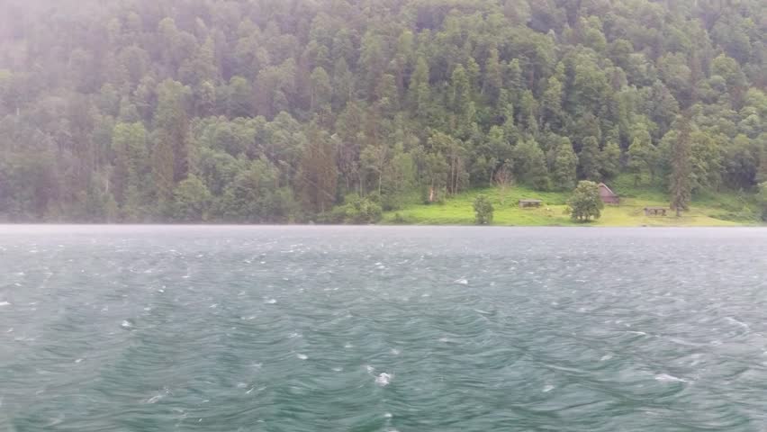 Violent rain and hailstorm on lake Koenigssee