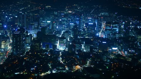 Time Lapse Aerial View of Seoul City Skyline Office Towers and Car Traffic Night