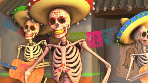 Seamless animation sugar skeletons dancing salsa with mariachis in a tipical mexican village at sunset. Funny Halloween 4K background with decoration for Dia de los muertos