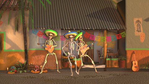 Seamless animation sugar skeletons dancing salsa with mariachis in a tipical mexican village at sunset. Funny Halloween 4K background with decoration for Dia de los muertos