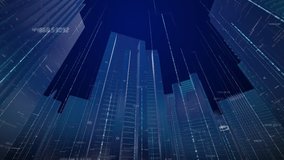 This stock motion graphics clip features city buildings with a high tech overlay of grids and increasing data. 