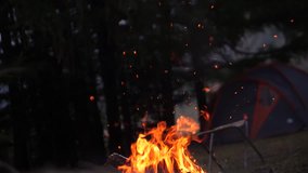 Vivid burning bonfire close up at evening. Slow motion, 180fps. Fire burning on the background of the tent and tourist chair. Tongue of flame