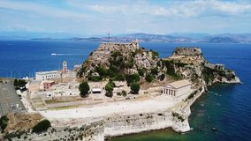 Aerial drone video of iconic old Venetian sea fortress of Corfu near center of old town, Kerkyra island, Greece