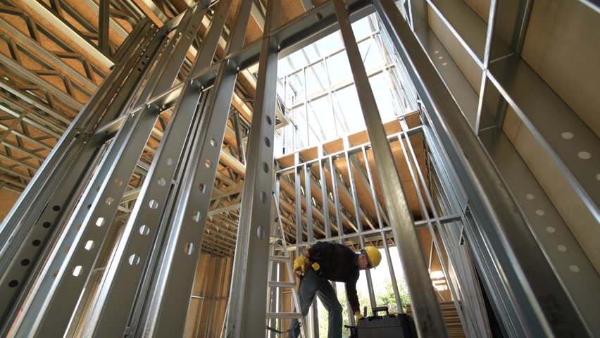 Skeleton Steel Frame of the Residential Building and Some Worker., an Industrial Video by Virrage Images