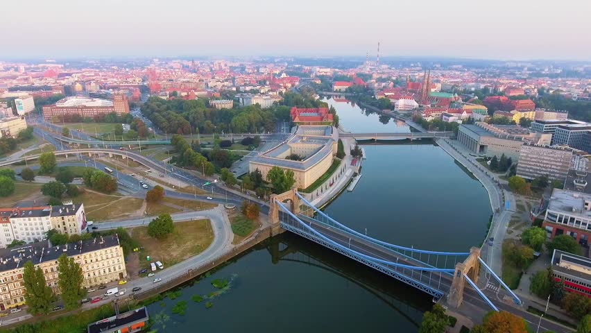 Aerial footage of Wroclaw, European Capital of Culture. Center
