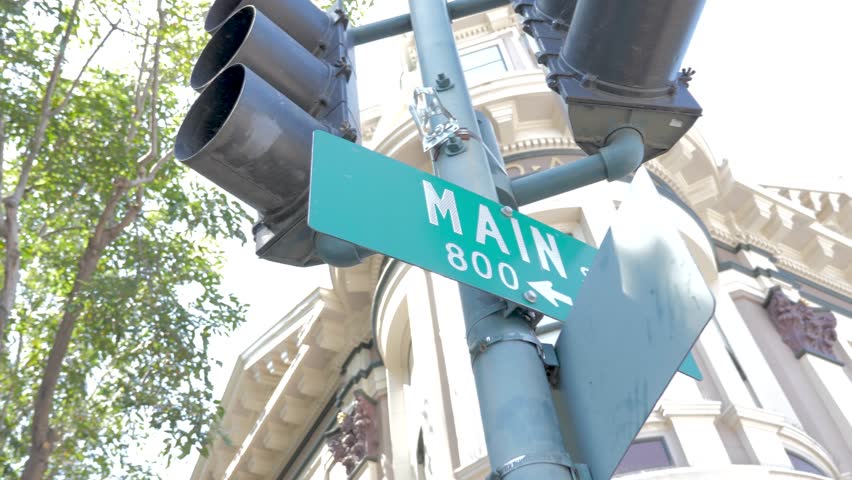 4k Main St. Sign, Downtown City, Slow Motion