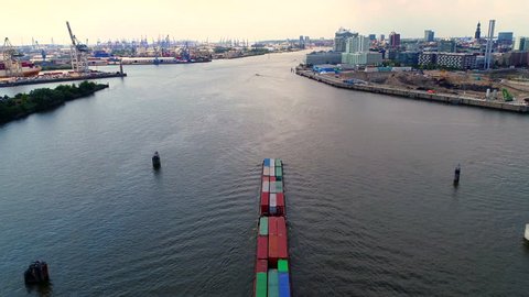 Aerial shot of container ship in Germany Hafencity Hamburg